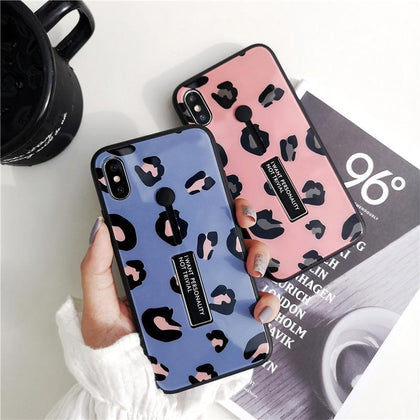 Fashion Leopard Print Phone Cases For iphone XS Max XR X Case For 6s 6 7 8 plus with Stand Ring Back Cover Luxury 9H Glass Coque