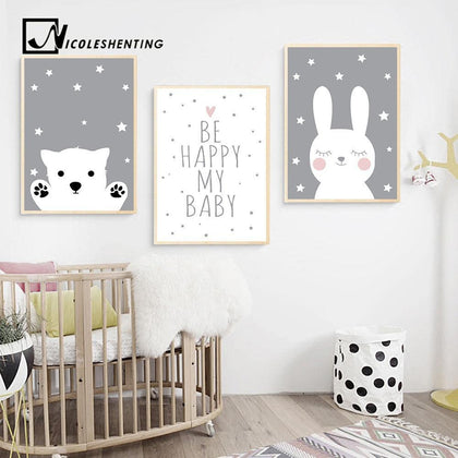 Baby Nursery Wall Art Canvas Poster Print Cartoon Rabbit Bear Painting Nordic Kids Decoration Picture Children Bedroom Decor