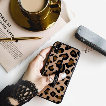 Luxury Phone Case For iphone X XS Max XR Brown stitching Leopard Print Coque hidden bracket Ring For iphone 6s 6 7 8 Plus Cover