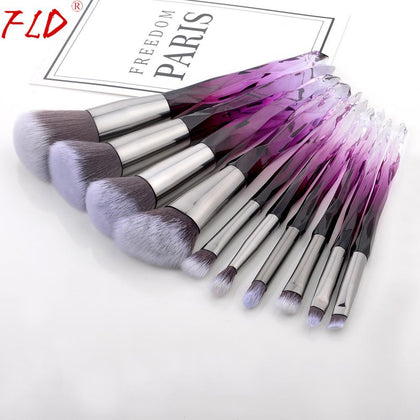 FLD 10Pcs Professional Makeup Brush Set Cosmetic Blush Powder Foundation Brush Eye Shadow Lip Eyebrow Diamond Makeup Kit Brushes