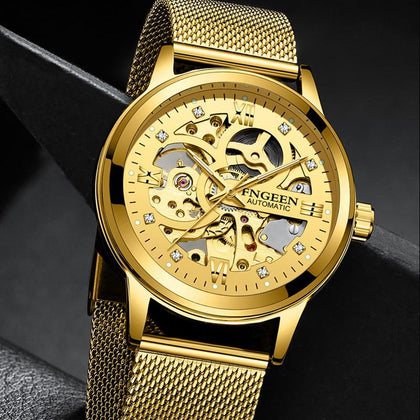 New Fashion Mechanical Watch Men Skeleton Design Top Brand Luxury Golden Mesh Strap Waterproof Male Automatic Clock Reloj Hombre