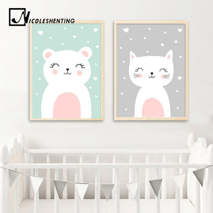 Kawaii Wall Art Canvas Nursery Poster Print Cartoon Cat Rabbit Painting Nordic Kids Decoration Picture Baby Living Room Decor