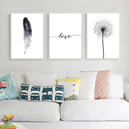 Black and White Dandelion Feathers Poster and Print Letter Love Wall Art Canvas Painting Home Picture Wall Decoration