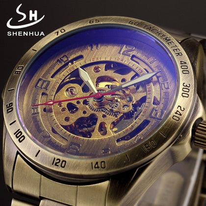 Vintage Bronze Automatic Watch Skeleton Men Watch Steampunk Transparent Mechanical Mens Watches Full Metal Clock montre homme