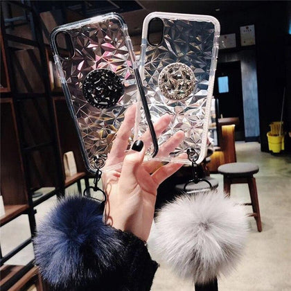 Luxury diamond protection cute hair ball lanyard bracket soft case for iphone 7 X XR XS MAX 8 6S plus for samsung S10 S8 S9 Note