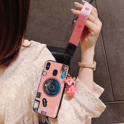 For Samsung Galaxy Note 9 8 S9 S8 Plus S7 Edge 3D Cute Cartoon Pink Panther Stander Strap Lanyard Cover Blu-ray Camera Soft Case