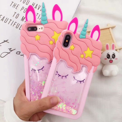 3D unicorn soft silicone case for iPhone 7 8 plus cute cartoon Colored quicksand cover for iPhone X 6 6s plus se 5s xs max cases