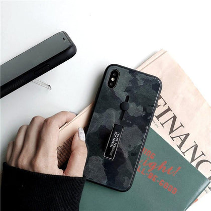 Cool army green camouflage Phone cases for iphone XR Xs max 6s 7 8plus Tempered Glass Finger Ring Hide Kickstand Retro Back Cove