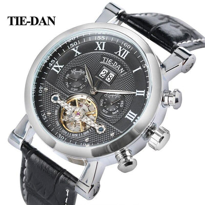 TIEDAN Mens Watch Luxury Top Tourbillon Mechanical Clock Male Military Business Self-Winding Wristwatch Genuine Leather Day Hour