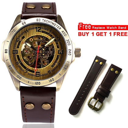 Skeleton Mechanical Watch Automatic Watch Men Steampunk Bronze Transparent Mens Automatic Mechanical Wrist Watches Clock for Man