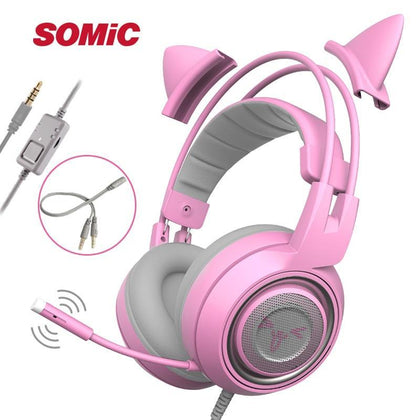 SOMIC G951s PS4 Pink Cat Ear Noise Cancelling Headphones 3.5mm Plug Girl Kids Gaming Headset with Microphone for Phone