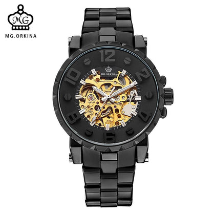 MG. ORKINA Men Wristwatch Golden Skeleton Clock Mechanical Male Wrist Watch Black Relogio Masculino Automatic Zegarek Meski