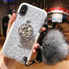 Luxury Diamond Protection Cute Hair Ball Lanyard Bracket Soft Case For Iphone 7 X Xr Xs Max 8 6S Plus For Samsung S10 S8 S9 Note