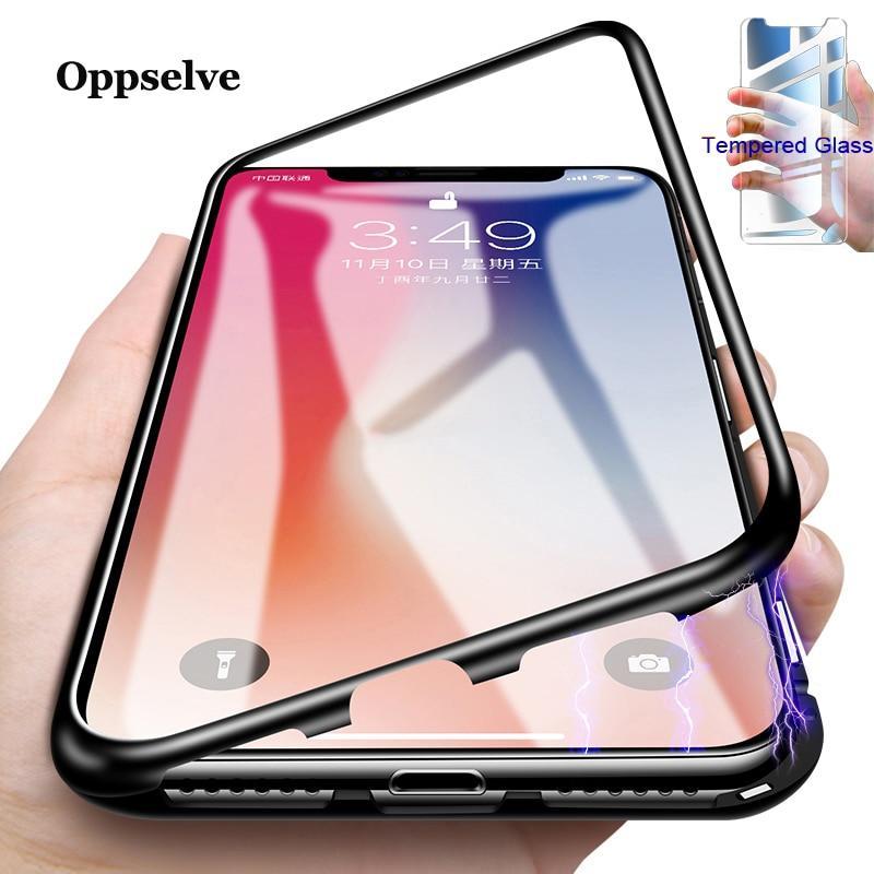 Luxury Magnetic Adsorption Phone Case For Iphone X Xs Max Xr 8 7 6 S Plus Metal Magnet Absorption Tempered Glass Flip Cover Capa