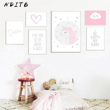 Baby Girl Nursery Wall Art Canvas Painting Pink Unicorn Cartoon Posters and Prints Nordic Kids Decoration Pictures Bedroom Decor