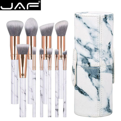 JAF 10pcs Marble makeup brush with holder, Rose Gold Make Up Brushes with Holder, Synthetic Makeup Brushes Case J1024-D