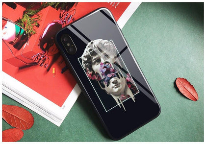 Abstract Aesthetics statue Tempered Glass Soft Silicone Phone Case Shell Cover For Apple iPhone 6 6s 7 8 Plus X XR XS MAX