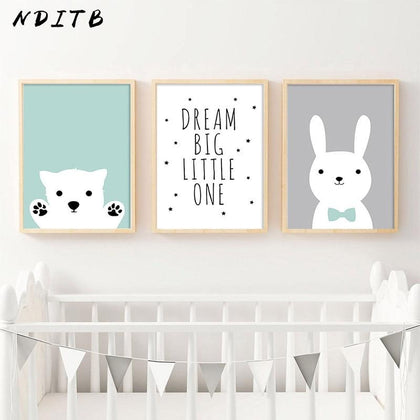 NDITB Kawaii Bear Rabbit Canvas Art Posters Woodland Animal Cartoon Nursery Prints Painting Wall Picture Baby Room Decoration