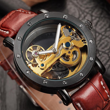 SHENHUA Top Brand Luxury Automatic Golden Bridge Mechanical Watch Leather Strap Skeleton Watches relogio masculino