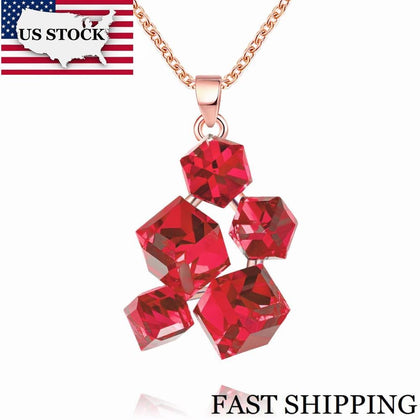 US STOCK Uloveido Geometric Necklace Pendant Rose Gold Color Women Necklace with Red Stones Punk Suspension Jewellery GR125