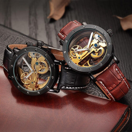 SHENHUA Top Brand Luxury Automatic Golden Bridge Mechanical Watch Leather Strap Skeleton Watches relogio masculino