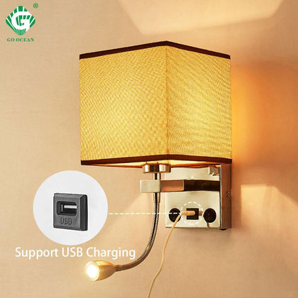 Modern Indoor LED Wall Lamp Bedside Bedroom Applique Sconce With Switch USB E27 Bulb Interior Headboard Home Hotel Wall Lights