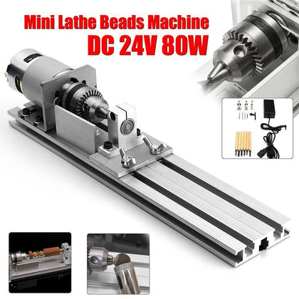 80W Mini Lathe Beads Machine DC 24V Woodworking DIY Lathe Engraver Set Polishing Cutting Cutter Drill Rotary Tool + Power Supply