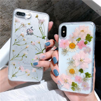 JAMULAR Epoxy Real Dry Flower Phone Cases For iPhone XS MAX 8 6 6s Plus Clear Soft Back Cover For iPhone X Flamingo Leaf Fundas