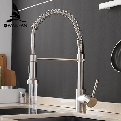 Kitchen Faucets Brush Brass Faucets for Kitchen Sink  Single Lever Pull Out Spring Spout Mixers Tap Hot Cold Water Crane 9009