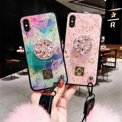 Luxury cute color pink transparent glitter marble 3D diamond bracket cute silicone phone case for iphone X XR XS MAX 7 8 plus 6S