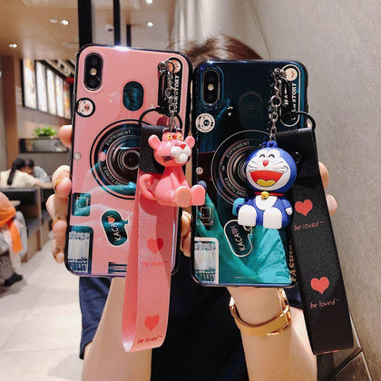 For Samsung Galaxy Note 9 8 S9 S8 Plus S7 Edge 3D Cute Cartoon Pink Panther Stander Strap Lanyard Cover Blu-ray Camera Soft Case