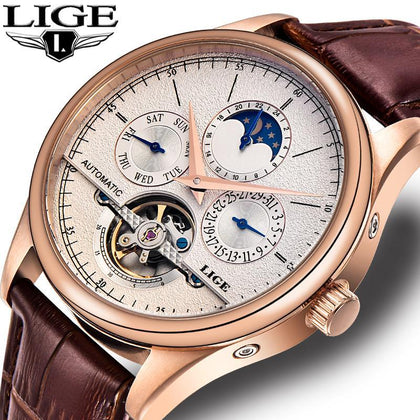 Relojes Hombre LIGE Brand Men Watches Automatic Mechanical Watch Tourbillon Sport Clock Leather Casual Business Retro Wristwatch