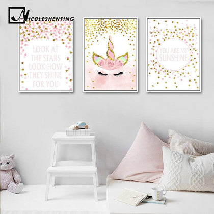 Pink Unicorn Poster Nursery Quotes Art Wall Canvas Print Painting Nordic Style Decorative Picture Baby Girl Bedroom Decoration