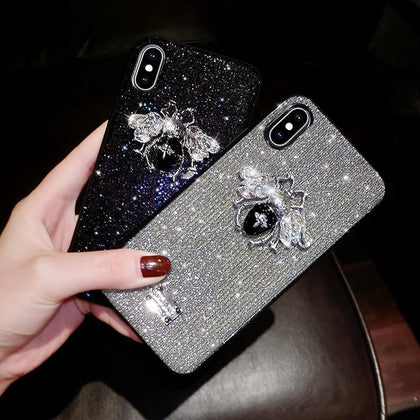 Luxury Brand 3D Metal Bee Letter Label Glitter Diamond soft bling phone case for iphone 6 S 7 8 plus X XR XS MAX sexy cute cover