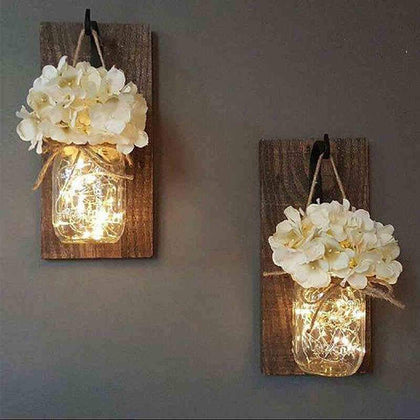 ins Rustic Mason Jar Wall Sconces with LED Fairy Lights & Flowers for Country Home wedding Cafe Bar Wall Bedroom Decoration