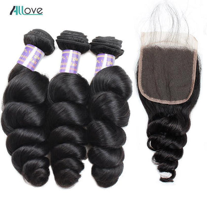 Malaysian Loose Wave With Closure Allove Human Hair Bundles With Closure Middle Part Non Remy Hair Extensions With Lace Closure