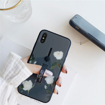 Grey Flower pattern phone case for iphone Xs max XR 6s 7 8 plus glass multicolor hidden soft Ring bracket white rose back cover