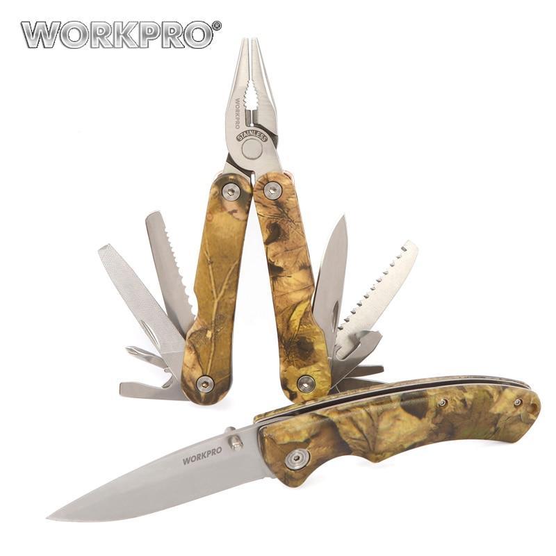Workpro 2Pc Multi Tools Wire Stripper Crimping Pliers Tactical Knife For Camping Hunting Camouflage Survival Tool Kits