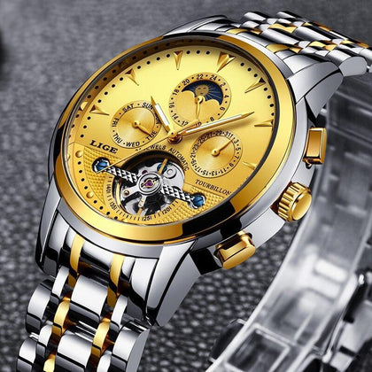 New LIGE Mens Watches Top Luxury Brands Gold Mechanical Watch Mens Sports Waterproof Full Steel Business Watch Relogio Masculino
