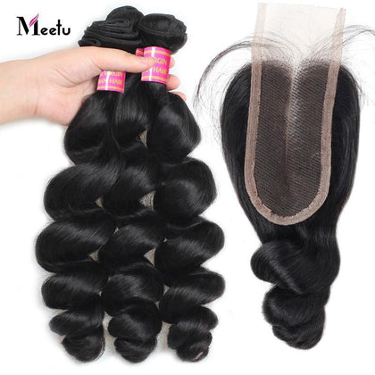 Malaysian Loose Wave With Closure Meetu Human Hair Bundles With Closure Middle Part Non Remy Hair Extensions With Lace Closure