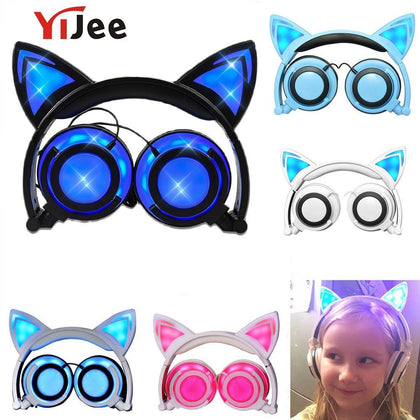 YiJee Cat Ear headphones with LED Flashing Glowing Light Headset Gaming Earphones for PC Computer and Mobile Phone