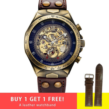 Steampunk Bronze Automatic Watch Men Mechanical Watches Vintage Retro Leather Transparent Skeleton Watch Clock Man Dropshipping