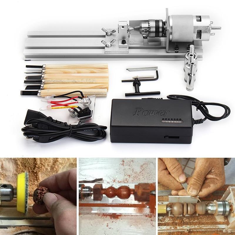 80W Mini Lathe Beads Machine Dc 24V Woodworking Diy Lathe Engraver Set Polishing Cutting Cutter Drill Rotary Tool + Power Supply