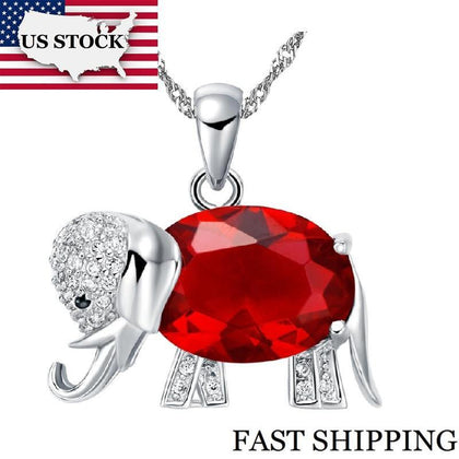 US STOCK Good Luck Red Blue Stone Necklace Women Elephant Necklaces Pendants Vintage Silver Color Collier Chain Uloveido N741