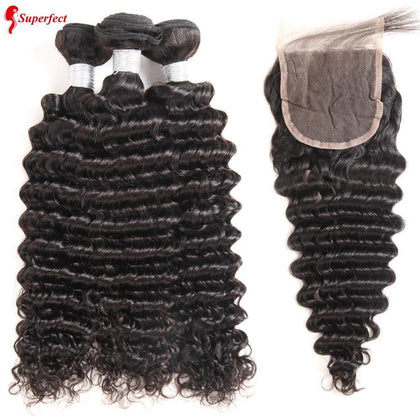 Superfect Deep Wave Bundles With Closure Brazilian Hair Weave 3 Bundles With Closure Remy Human Hair Bundles With Closure