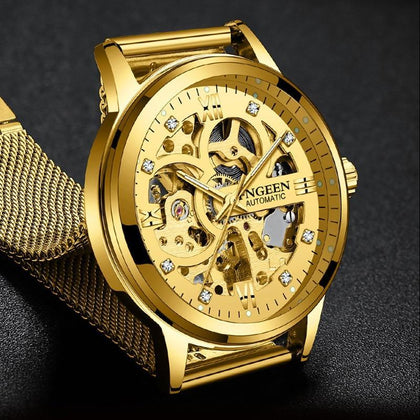 New Fashion Mechanical Watch Men Skeleton Design Top Brand Luxury Golden Mesh Strap Waterproof Male Automatic Clock Reloj Hombre