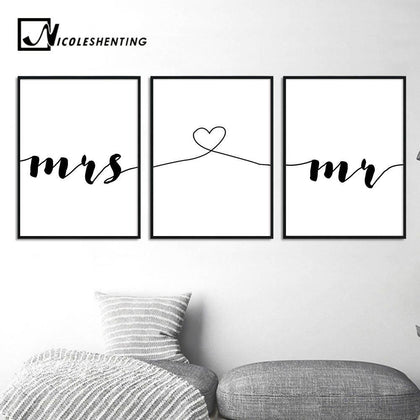 Mr Mrs Family Simple Quotes Wall Art Canvas Poster Minimalist Print Couple Anniversary Painting Picture for Living Room Decor