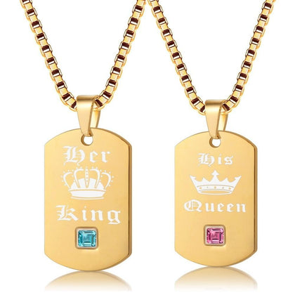 Uloveido Her King and His Queen Necklaces & Pendants Titanium Couple Gold Color Necklace Stainless Steel Suspension Gifts SN118