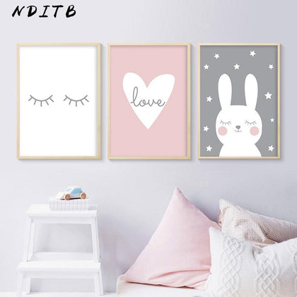 NDITB Rabbit Heart Nursery Wall Art Canvas Painting Cartoon Posters and Prints Decorative Picture Nordic Style Kids Decoration