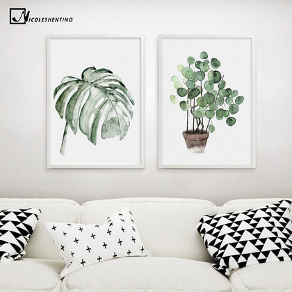 Watercolor Plant Leaves Poster Print Landscape Wall Art Canvas Painting Picture for Living Room Home Decor Cactus Decoration